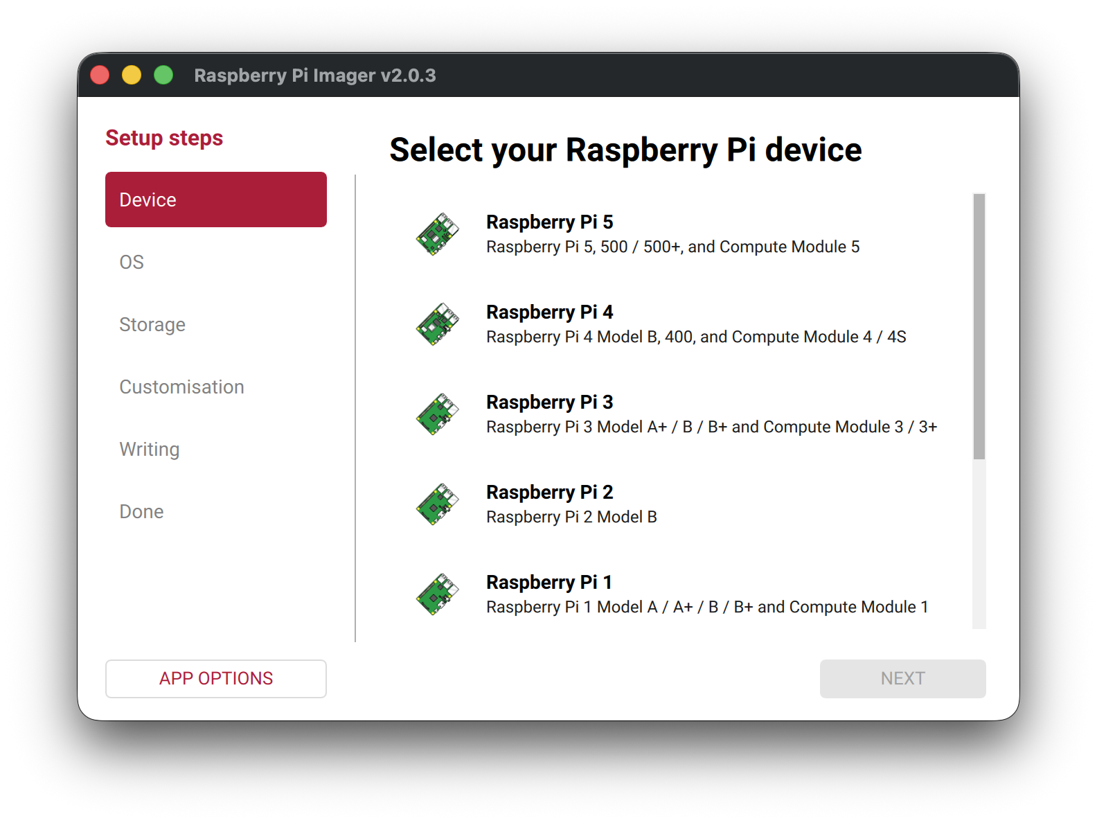 Raspberry Pi Imager - Choose Device
