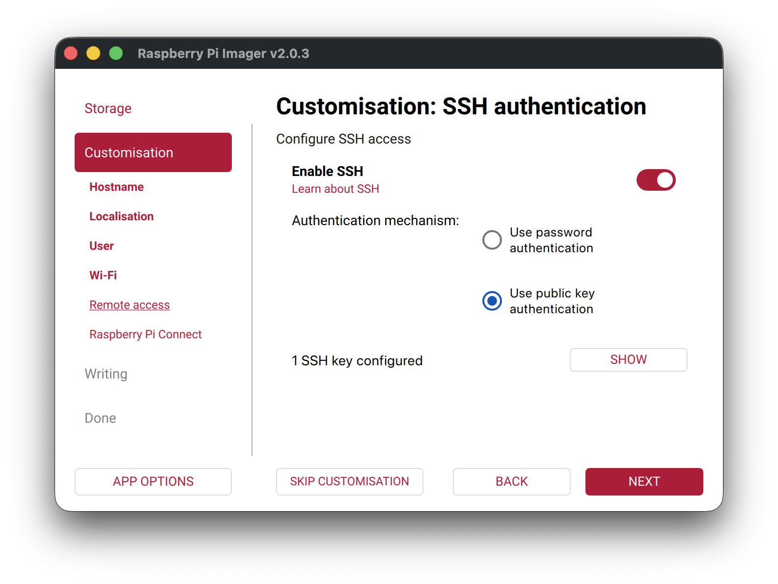 Raspberry Pi Imager - SSH Settings